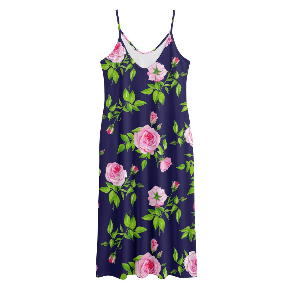 Pink Rose Floral Flower Pattern Print Jersey Midi Cami Dress