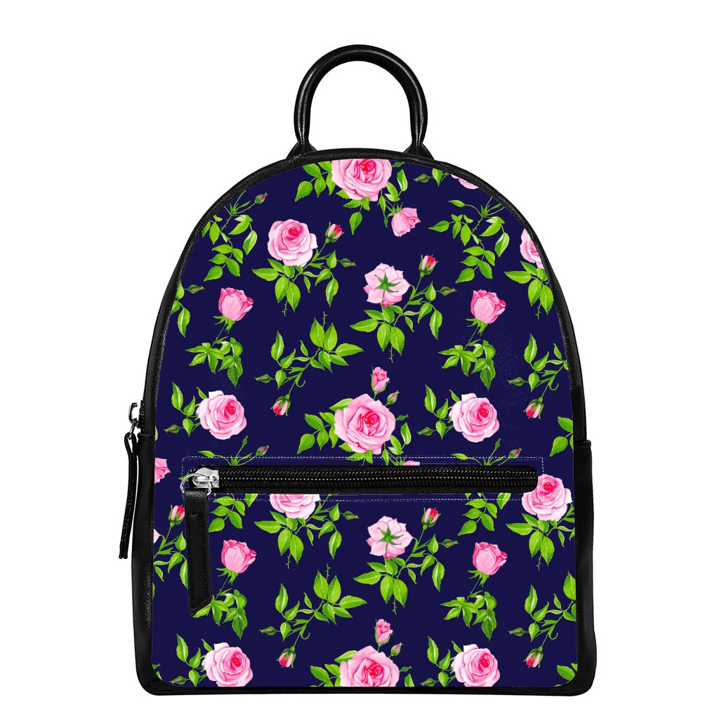 Pink Rose Floral Flower Pattern Print Leather Backpack