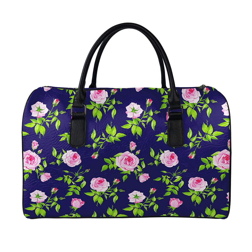 Pink Rose Floral Flower Pattern Print Leather Duffle Bag