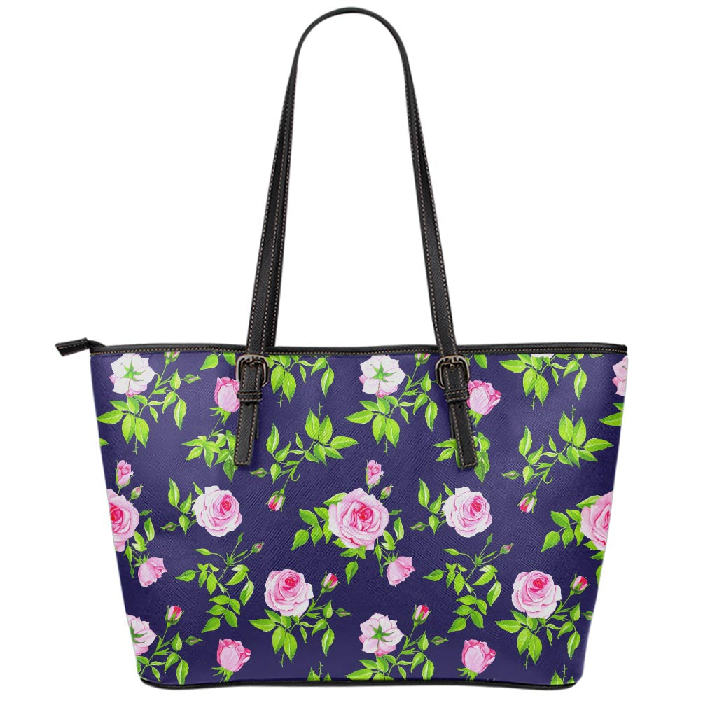 Pink Rose Floral Flower Pattern Print Leather Tote Bag