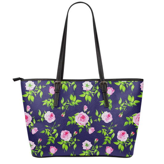Pink Rose Floral Flower Pattern Print Leather Tote Bag