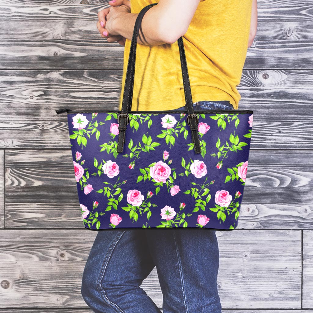 Pink Rose Floral Flower Pattern Print Leather Tote Bag