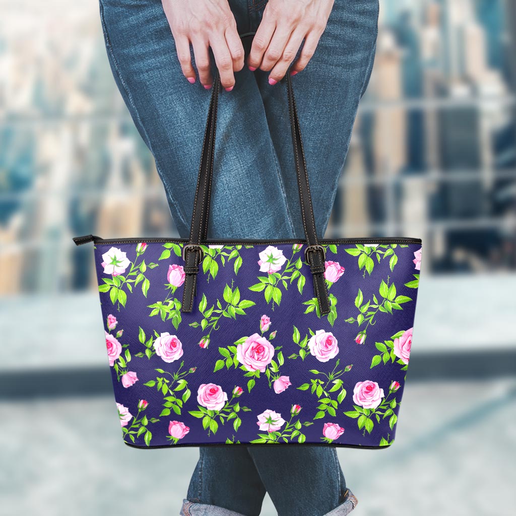 Pink Rose Floral Flower Pattern Print Leather Tote Bag
