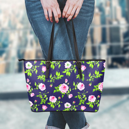 Pink Rose Floral Flower Pattern Print Leather Tote Bag
