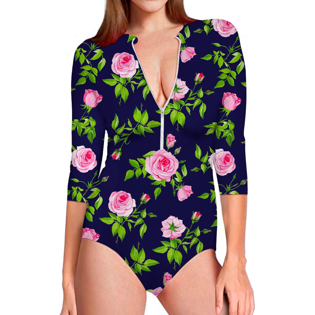 Pink Rose Floral Flower Pattern Print Long Sleeve Swimsuit