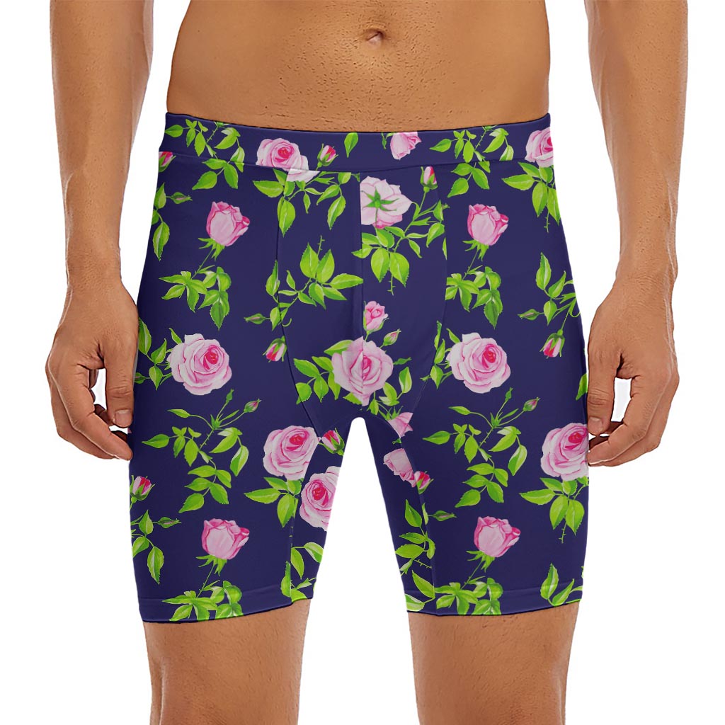 Pink Rose Floral Flower Pattern Print Men's Long Boxer Briefs