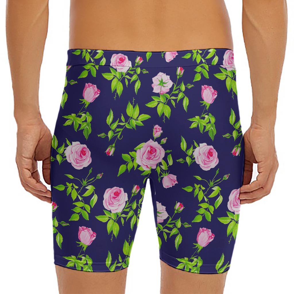 Pink Rose Floral Flower Pattern Print Men's Long Boxer Briefs