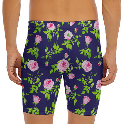 Pink Rose Floral Flower Pattern Print Men's Long Boxer Briefs