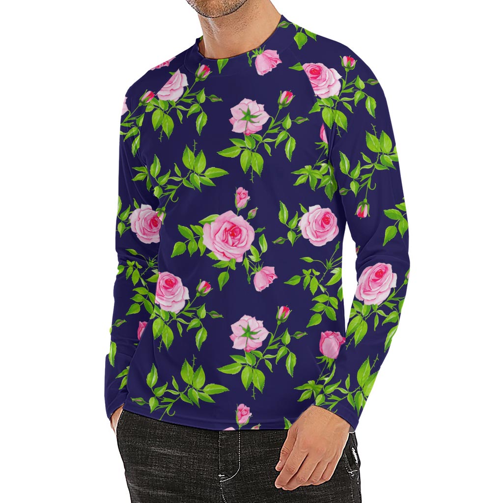 Pink Rose Floral Flower Pattern Print Men's Long Sleeve Rash Guard