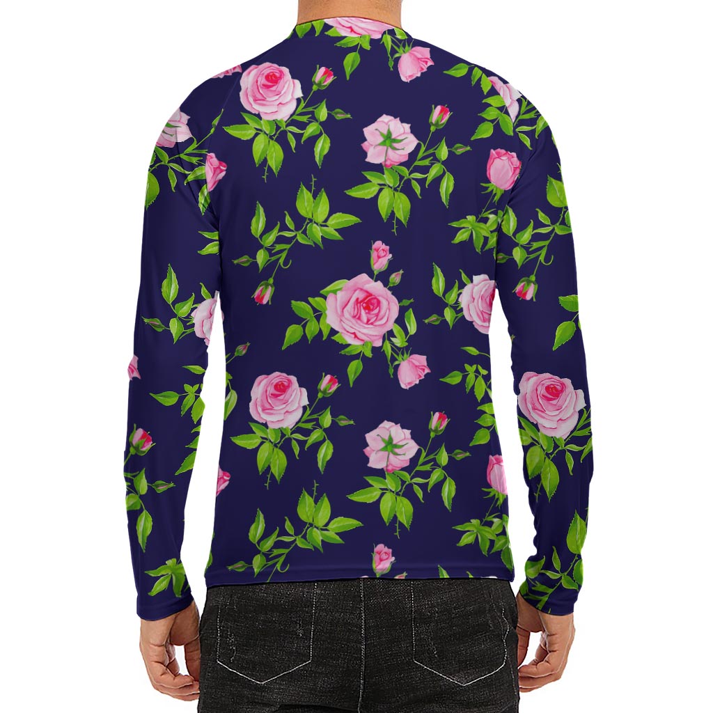 Pink Rose Floral Flower Pattern Print Men's Long Sleeve Rash Guard