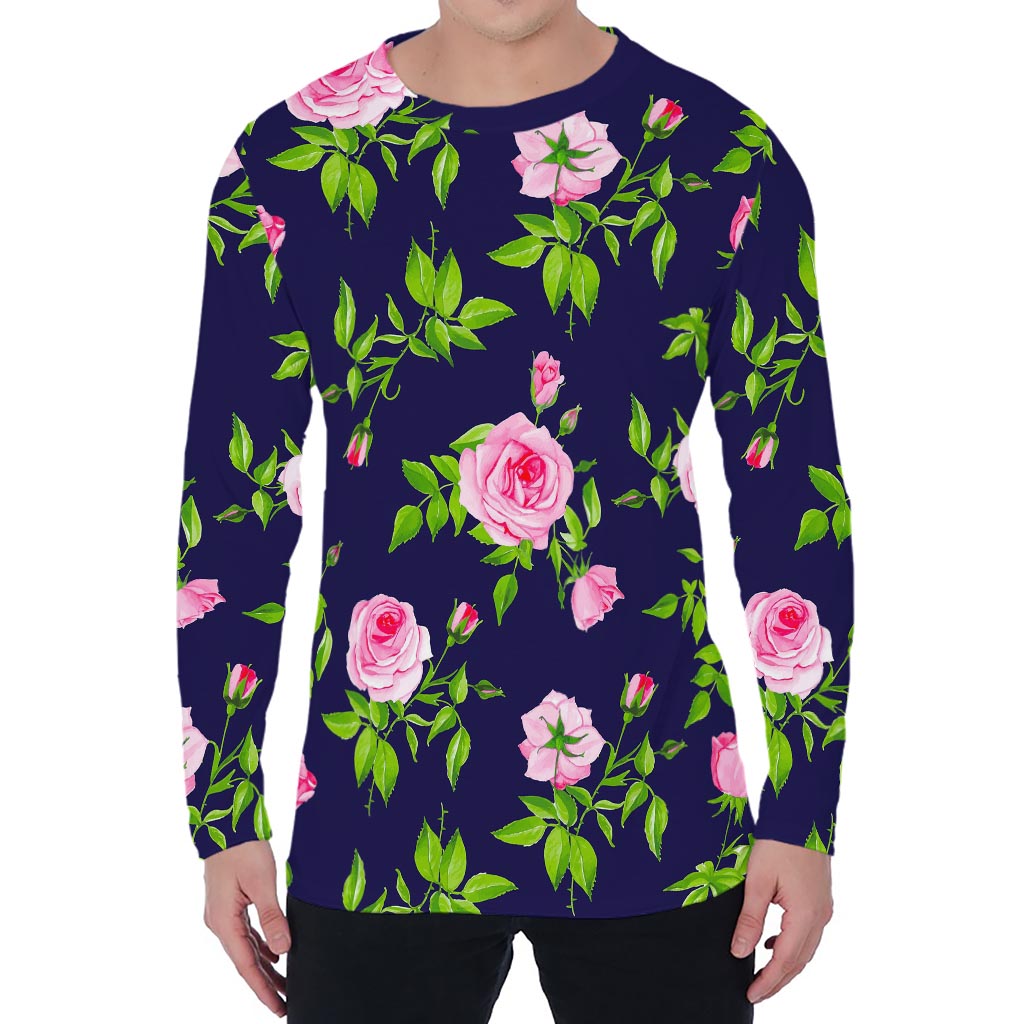 Pink Rose Floral Flower Pattern Print Men's Long Sleeve T-Shirt