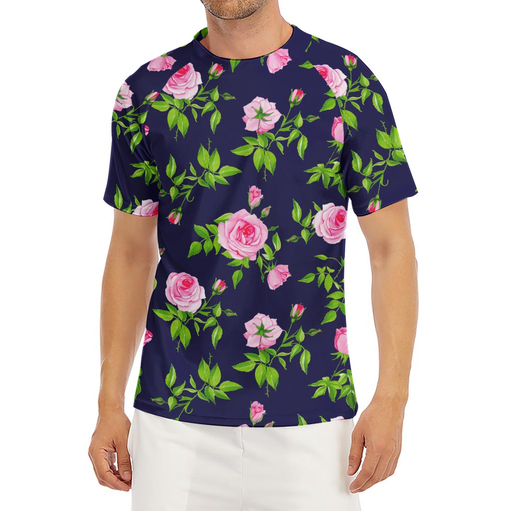 Pink Rose Floral Flower Pattern Print Men's Short Sleeve Rash Guard