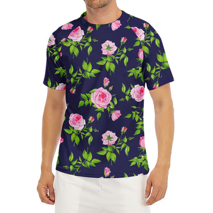 Pink Rose Floral Flower Pattern Print Men's Short Sleeve Rash Guard