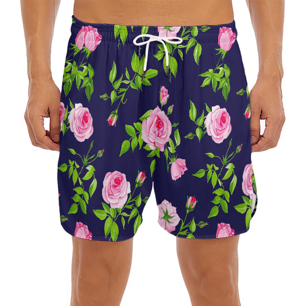 Pink Rose Floral Flower Pattern Print Men's Split Running Shorts