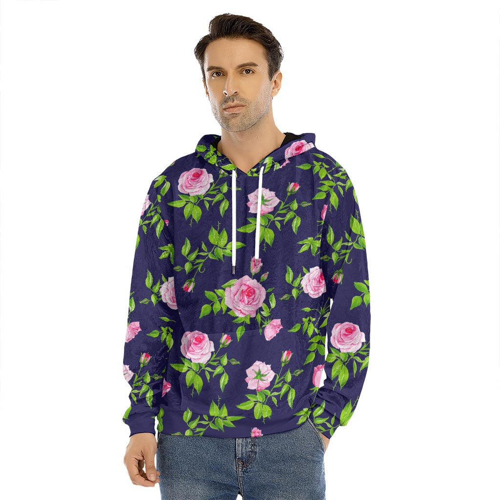 Pink Rose Floral Flower Pattern Print Men's Velvet Pullover Hoodie