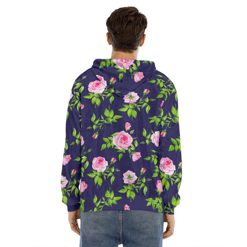 Pink Rose Floral Flower Pattern Print Men's Velvet Pullover Hoodie