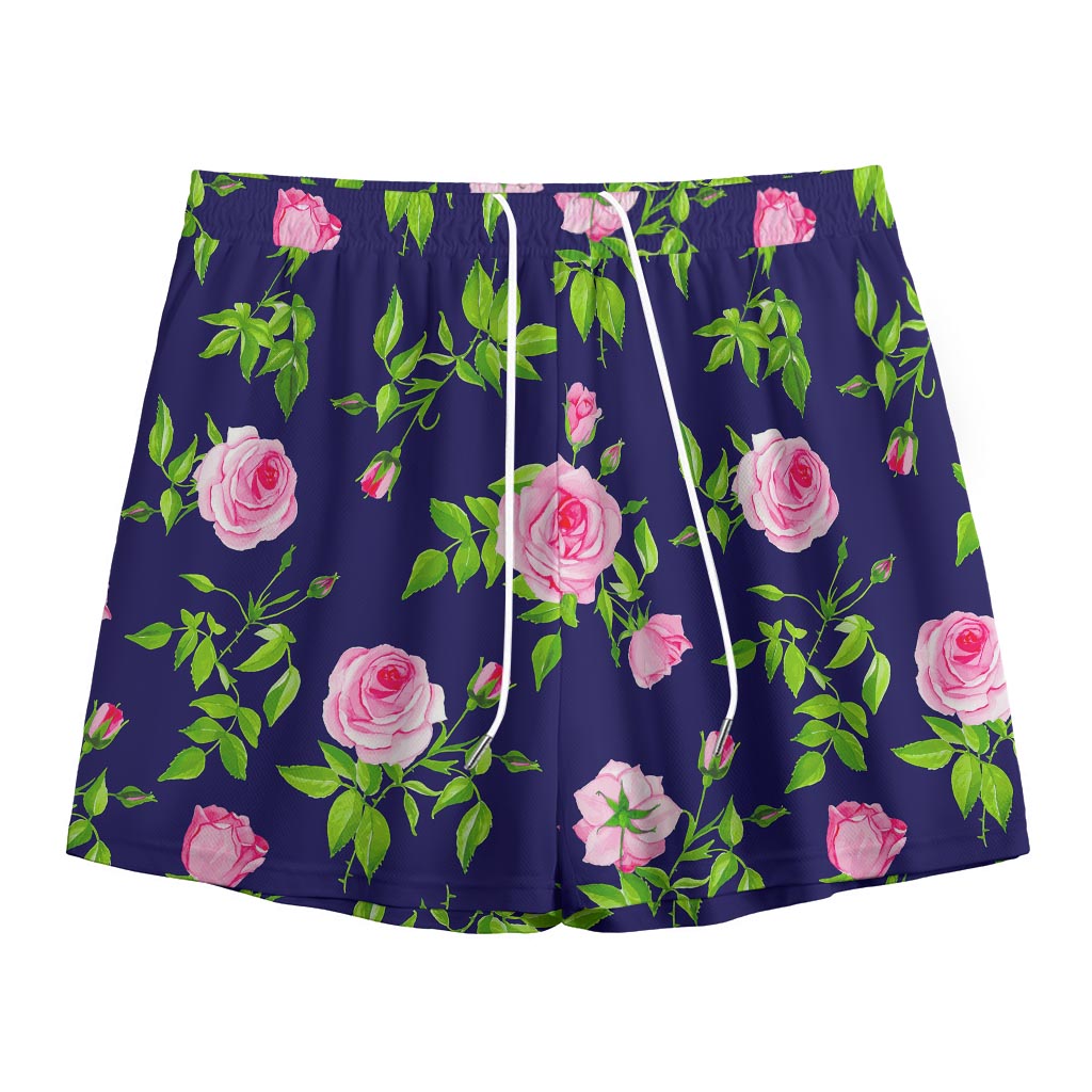 Pink Rose Floral Flower Pattern Print Mesh Shorts