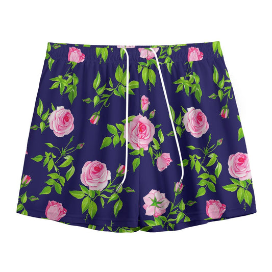 Pink Rose Floral Flower Pattern Print Mesh Shorts