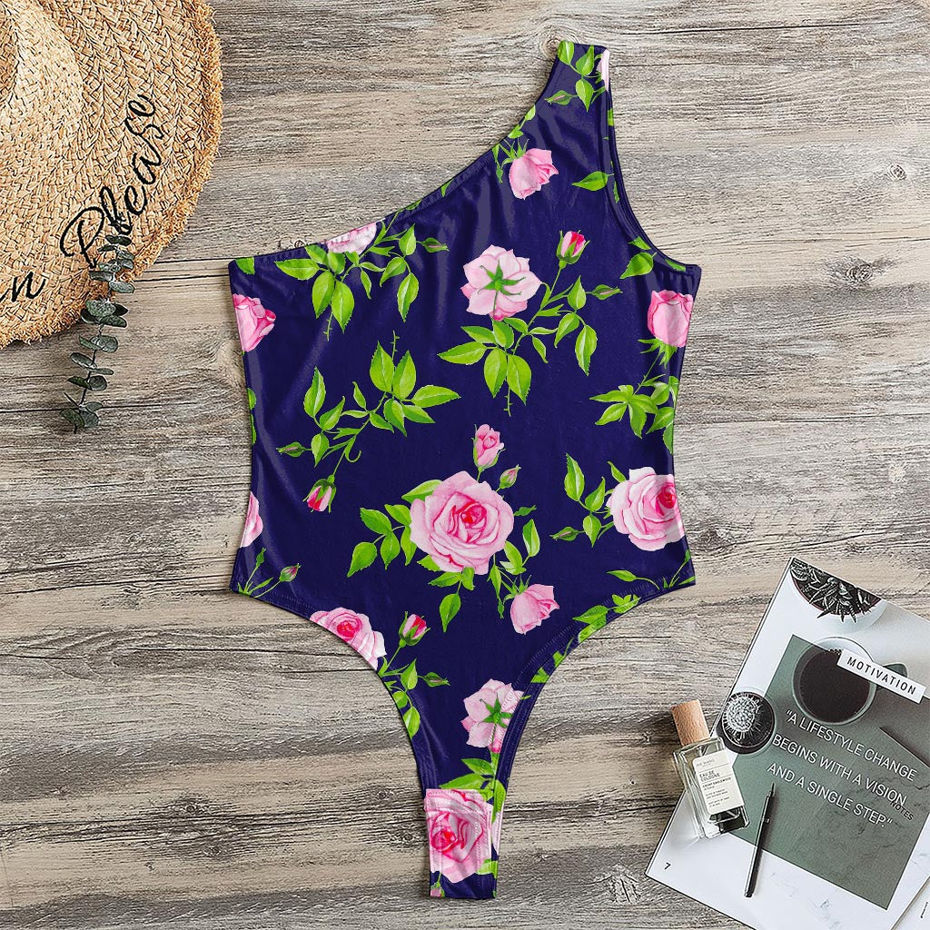 Pink Rose Floral Flower Pattern Print One Shoulder Bodysuit