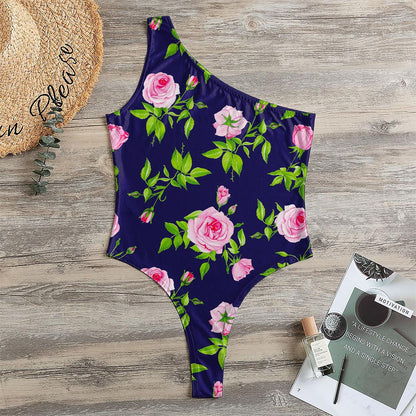 Pink Rose Floral Flower Pattern Print One Shoulder Bodysuit