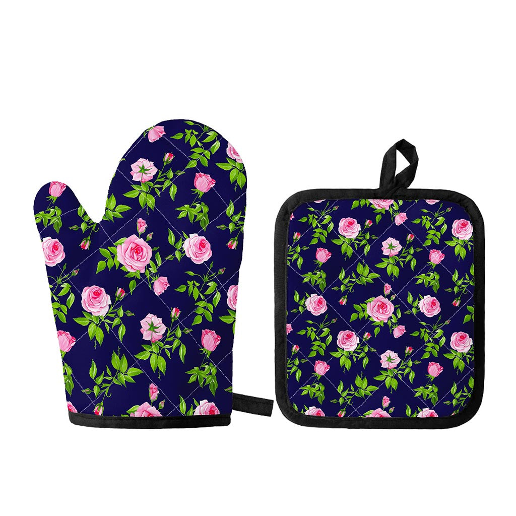 Pink Rose Floral Flower Pattern Print Oven Mitt And Pot Holder Set