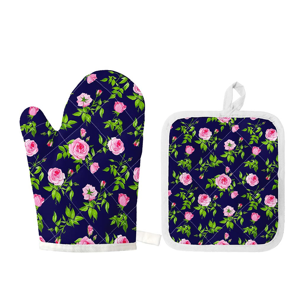 Pink Rose Floral Flower Pattern Print Oven Mitt And Pot Holder Set