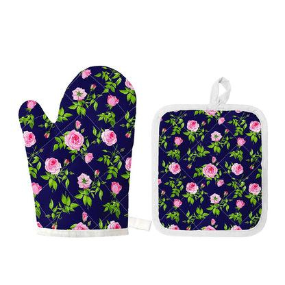 Pink Rose Floral Flower Pattern Print Oven Mitt And Pot Holder Set