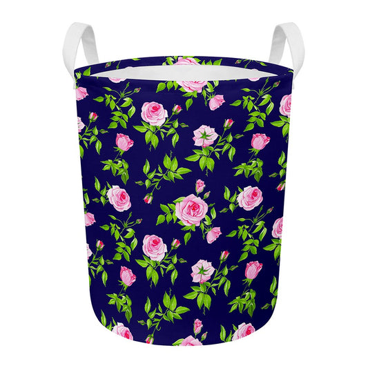 Pink Rose Floral Flower Pattern Print Round Laundry Basket
