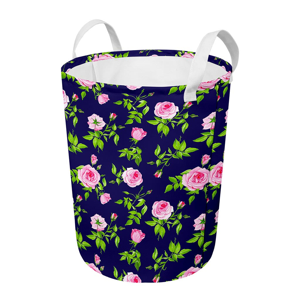 Pink Rose Floral Flower Pattern Print Round Laundry Basket