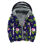 Pink Rose Floral Flower Pattern Print Sherpa Lined Zip Up Hoodie