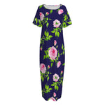 Pink Rose Floral Flower Pattern Print Short Sleeve Long Nightdress