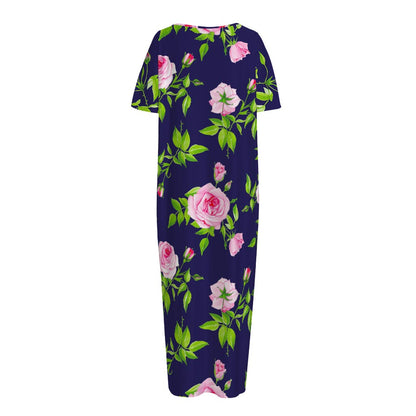 Pink Rose Floral Flower Pattern Print Short Sleeve Long Nightdress