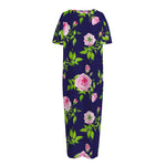 Pink Rose Floral Flower Pattern Print Short Sleeve Long Nightdress