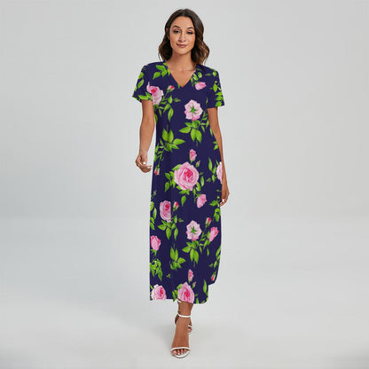 Pink Rose Floral Flower Pattern Print Short Sleeve Maxi Dress