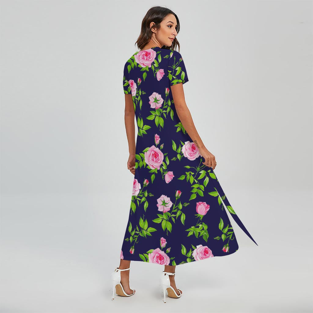 Pink Rose Floral Flower Pattern Print Short Sleeve Maxi Dress