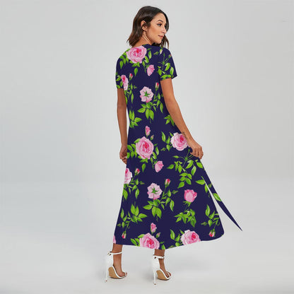 Pink Rose Floral Flower Pattern Print Short Sleeve Maxi Dress