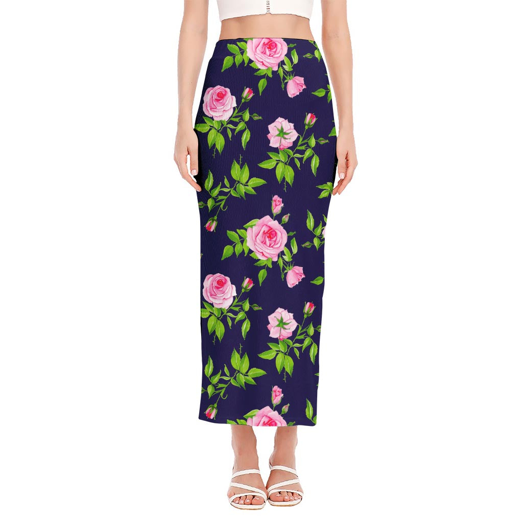 Pink Rose Floral Flower Pattern Print Side Slit Maxi Skirt