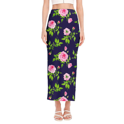 Pink Rose Floral Flower Pattern Print Side Slit Maxi Skirt
