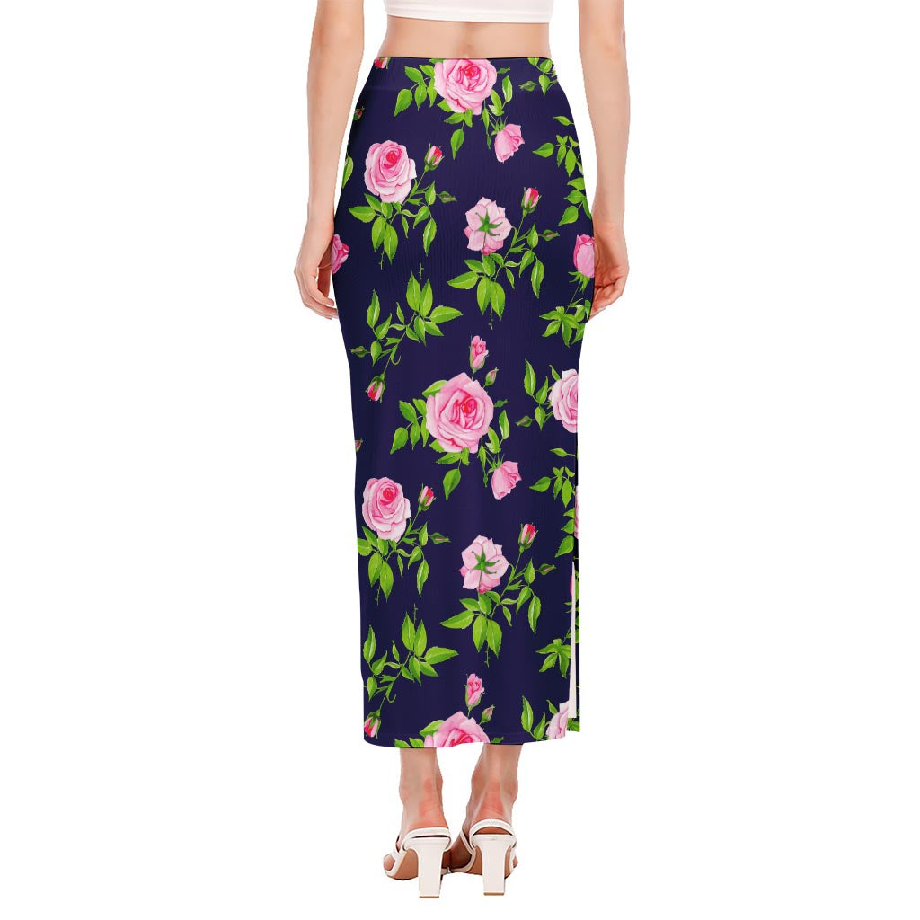Pink Rose Floral Flower Pattern Print Side Slit Maxi Skirt