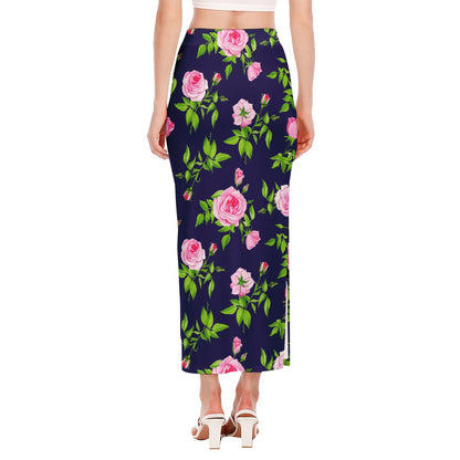 Pink Rose Floral Flower Pattern Print Side Slit Maxi Skirt