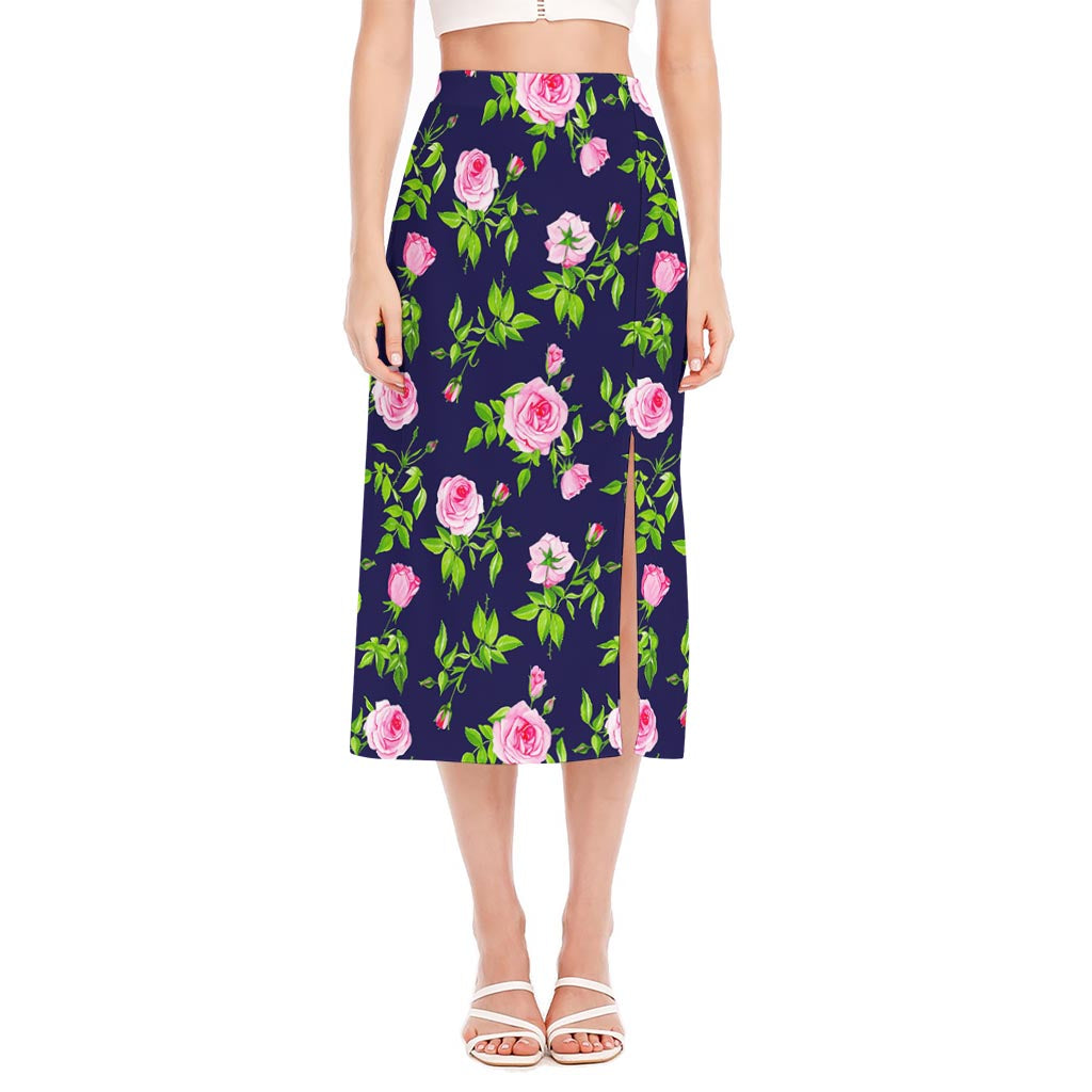 Pink Rose Floral Flower Pattern Print Side Slit Midi Skirt
