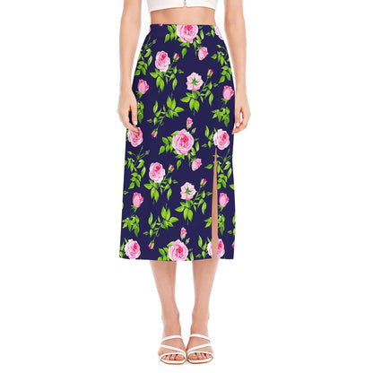 Pink Rose Floral Flower Pattern Print Side Slit Midi Skirt