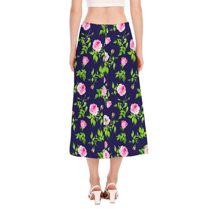 Pink Rose Floral Flower Pattern Print Side Slit Midi Skirt