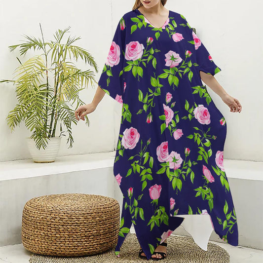 Pink Rose Floral Flower Pattern Print Silk V-Neck Kaftan Dress