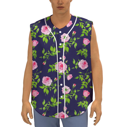 Pink Rose Floral Flower Pattern Print Sleeveless Baseball Jersey