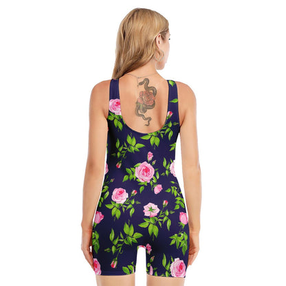 Pink Rose Floral Flower Pattern Print Sleeveless One Piece Swimsuit