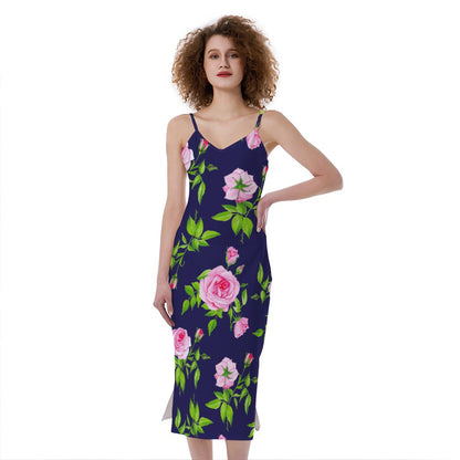 Pink Rose Floral Flower Pattern Print Slim Fit Midi Cami Dress