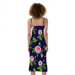 Pink Rose Floral Flower Pattern Print Slim Fit Midi Cami Dress