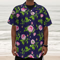 Pink Rose Floral Flower Pattern Print Textured Short Sleeve Shirt