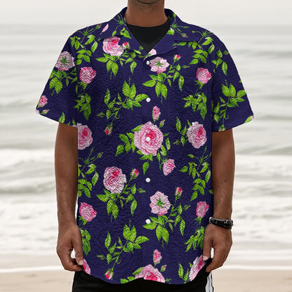 Pink Rose Floral Flower Pattern Print Textured Short Sleeve Shirt